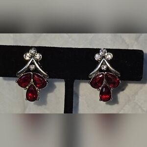 Monet Red Rhinestone Clip On Earrings